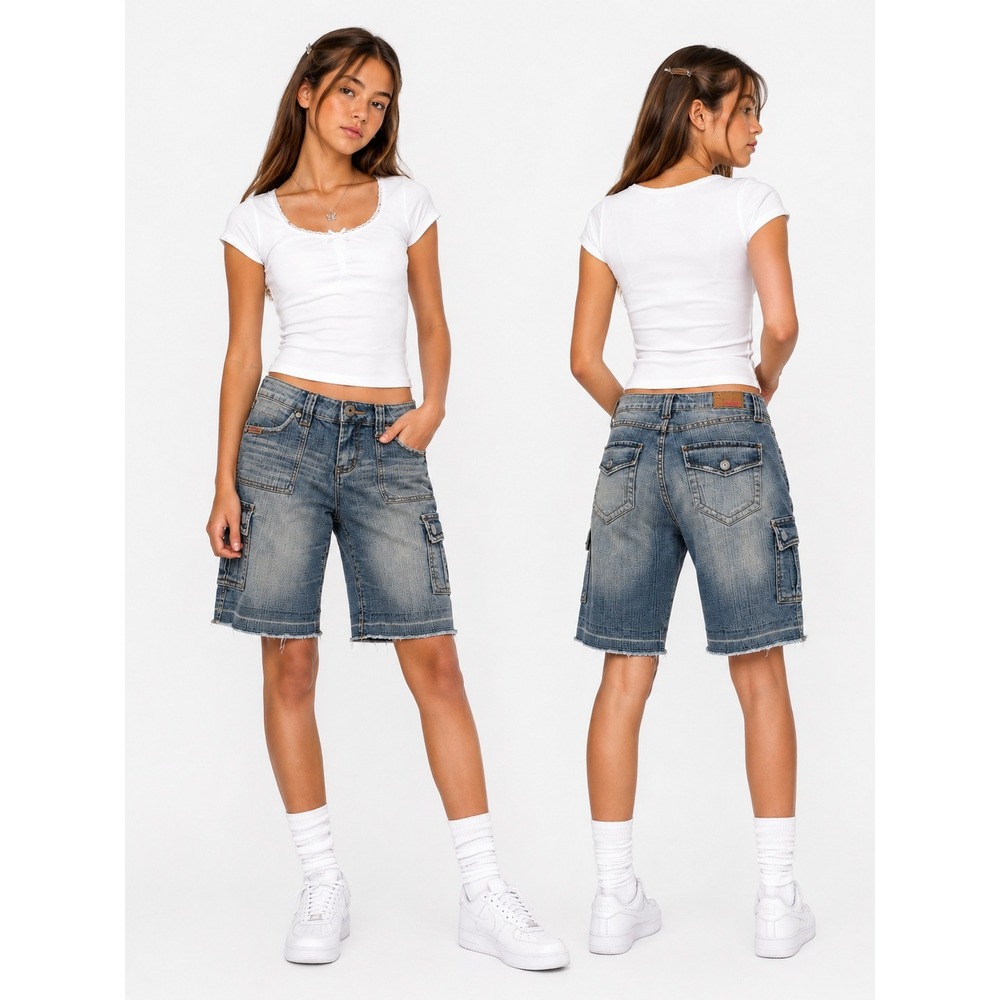 Y2K Cargo‎ Bermuda Denim Shorts Womens 3/4 Blue Low Rise Skater Indie 90s Jorts